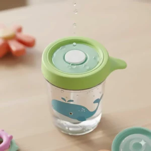 A top-down view of the 360-degree spoutless sippy cup, which promotes natural drinking and healthy oral development for toddlers.