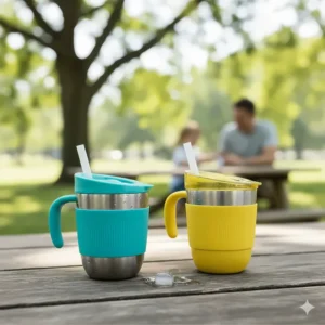 Insulated stainless steel no spill sippy cups keeping drinks cold for hours.