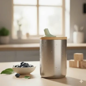 Photo showcasing a durable stainless steel or glass sippy cup option for parents prioritizing non-plastic materials.