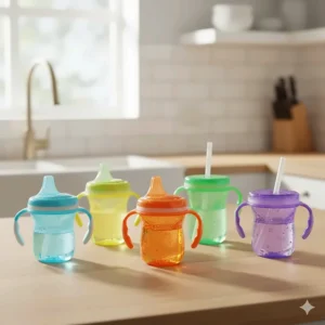 A variety of infant sippy cup styles and colors, shown as a convenient starter set for babies.