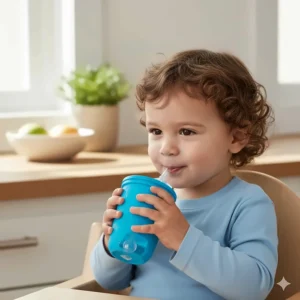 Close-up of a toddler drinking from a weighted no spill sippy cup with a soft silicone straw.