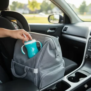 No-spill sippy cup with straw being placed into a diaper bag or car cup holder, emphasizing the travel-friendly design.