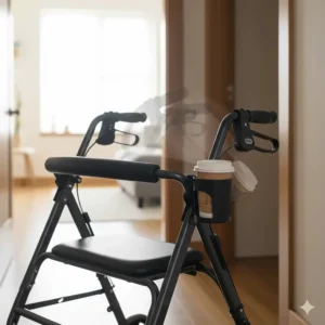 Swing-away cup holder for a walker accessory shown rotating inward, preventing bumps in narrow hallways or doorways.