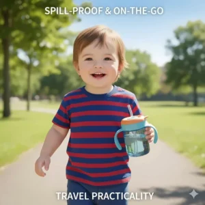 A toddler carrying a leak-proof straw cup, emphasizing the practicality and spill-proof nature for travel, a key benefit over many sippy cups.