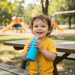 Cartoon of a happy toddler sipping water easily from a straw leak-proof water bottle with a convenient carry handle.