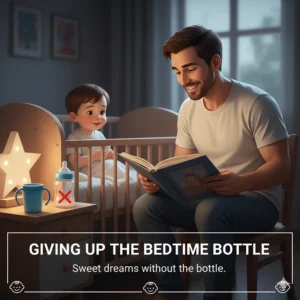 An illustration showing how to eliminate the nighttime or bedtime bottle as part of the total bottle to sippy cup transition.