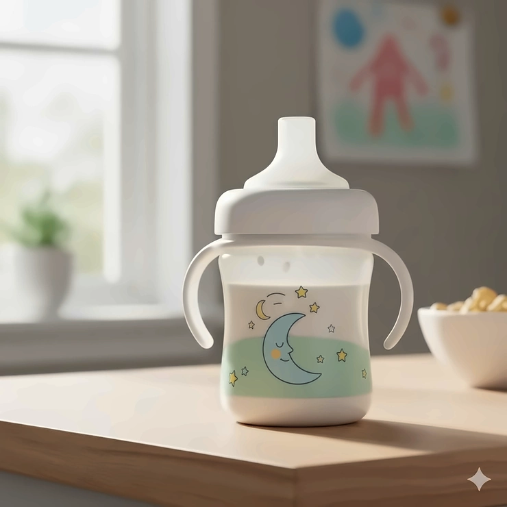 A close-up shot of a toddler sippy cup for milk with a cheerful design, sitting on a kitchen counter. toddler sippy cup for milk