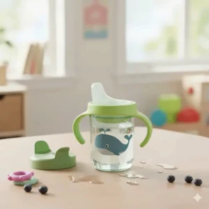 A brightly colored toddler sippy cup with large, ergonomic handles designed for little hands to hold securely.