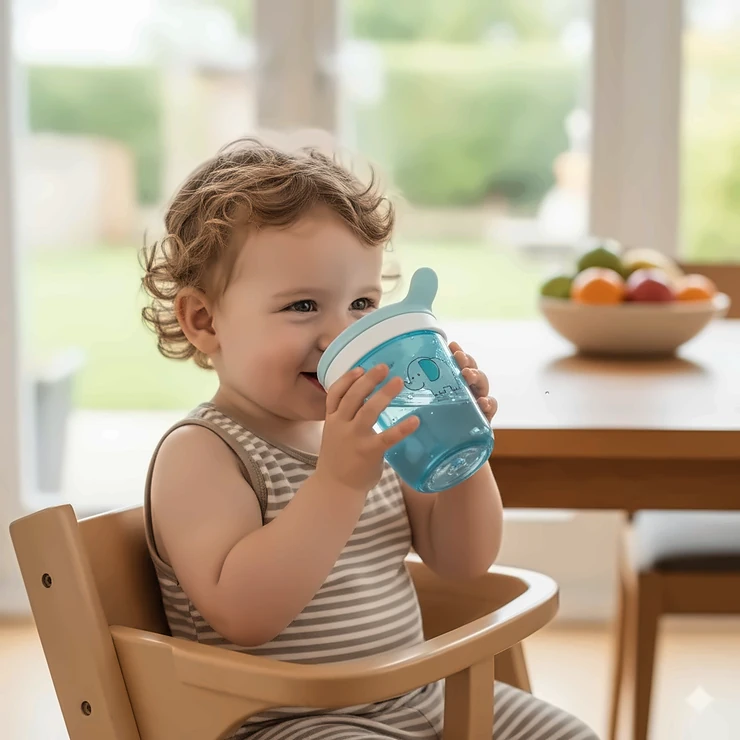 Spill proof cups for toddlers are essential for mess-free hydration, like this happy toddler drinking water.