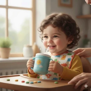 A happy toddler drinking milk from a transition sippy cup with a soft straw, aiding the switch from a bottle.