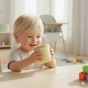 A toddler practicing with an open training cup (360-degree cup), an advanced option after the initial sippy cup, to practice better drinking skills.