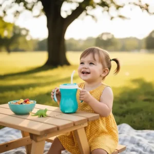 Happy toddler drinking from a brightly colored spill-proof straw cup without any mess.