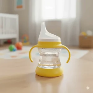 Close-up of a hard-spout sippy cup, showing the angled spout and handles, the traditional design for transitioning a baby from a bottle.