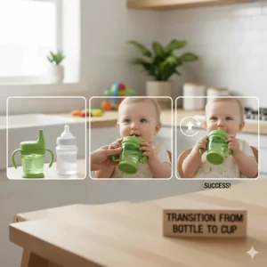 An illustration showing the proper technique for a baby holding and drinking from a transition sippy cup, moving away from a traditional bottle.