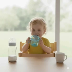 A visual guide demonstrating how spill proof cups for toddlers aid the transition from baby bottles to an open cup.