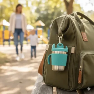 A durable, insulated no spill sippy cup clipped onto a diaper bag, perfect for travel.