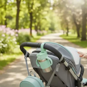 The ideal travel sippy cup for toddlers, shown attached to a stroller or backpack, keeping drinks secure on the go.