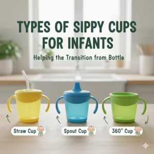 A display of different types of sippy cups for babies, including straw, spout, and weighted options, to help the infant transition.
