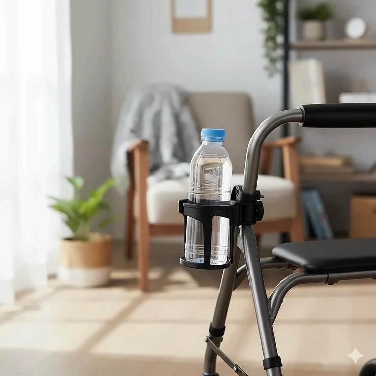 Universal cup holder for walker securely holds a water bottle, providing hands-free mobility and easy access to drinks.