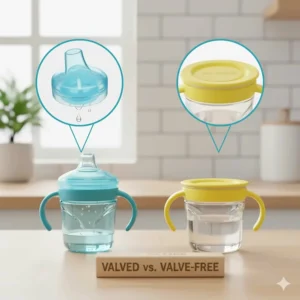 Close-up comparison of a valved sippy cup next to a valve-free 360-degree cup, highlighting the different spill-proof mechanisms.