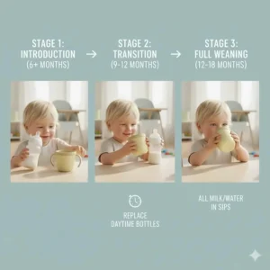 A diagram illustrating the gradual process of weaning a baby off the bottle and switching entirely to a sippy cup around 12 to 18 months of age.