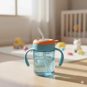 Illustration of a straw cup for baby, featuring a soft, flexible, weighted straw and a leak-proof lid, promoting natural sipping.