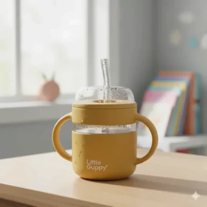 An infant-friendly weighted straw sippy cup, which allows a baby who refuses a bottle to drink from any angle.
