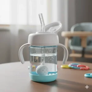 A cup showing the weighted straw mechanism that allows babies to drink from any angle, a great sippy cup transition feature.