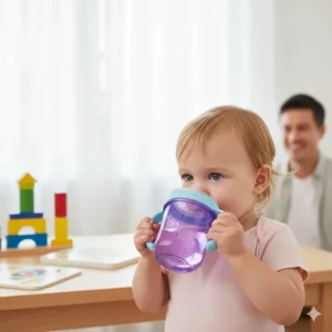 A child drinking from a rim-style 360-degree trainer cup, often listed among the best sippy cups by age for toddlers over one year.