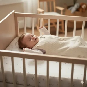 Image showing a sleep sack with open armholes, ideal for a 5-month-old who has started rolling, promoting safe sleep with arms free.