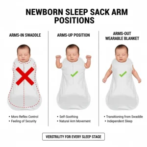 Illustration of different arm positions available in convertible newborn sleep sacks.