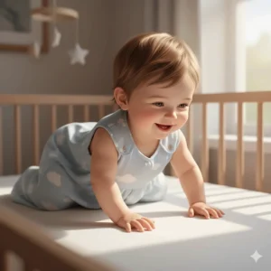 Close-up of a happy six-month-old baby rolling over safely from back to tummy while wearing a muslin sleep sack.