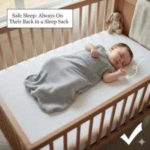 Overhead view of a three-month-old baby sleeping safely on their back in their crib while wearing a sleep sack.