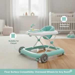 Illustration of oversized wheels on a baby walker suitable for both carpeted and hardwood floors.