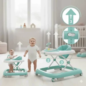 Illustration showing the three-position height adjustment feature on a modern baby walker.