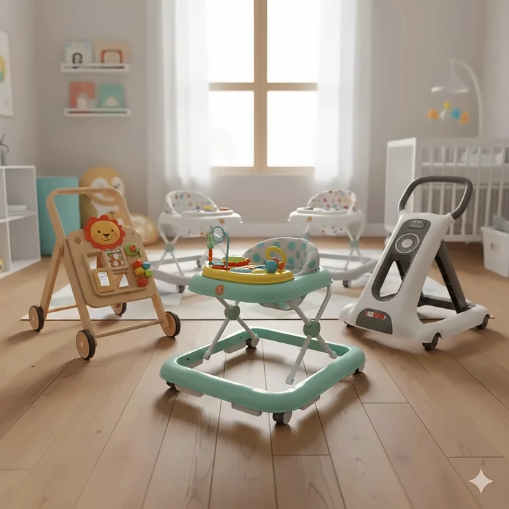 A collection of the best baby walkers including seated and push-behind models on a wooden floor.