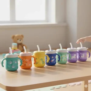 A collection of several of the best sippy cups with straws for toddlers displayed in different colors and fun patterns.
