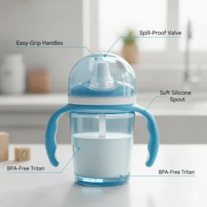 Close-up diagram showing the ergonomic, anti-slip handles for toddlers on a spill-proof sippy cup, designed for a secure grip.