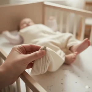 Detail shot of a two-way zipper on a baby sleep sack, designed for easy late-night diaper changes for your 5-month-old without fully waking them.