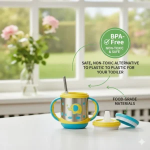 Graphic emphasizing that the stainless steel sippy cup is a safe, non-toxic, and BPA-free alternative to plastic cups for your toddler.