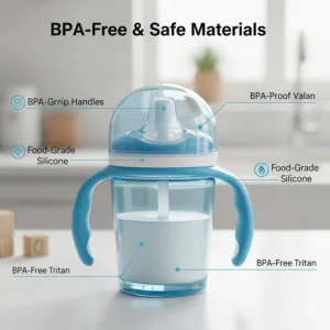 Image highlighting the safe, durable, and BPA-free Tritan material used to make the toddler training cup with handles.