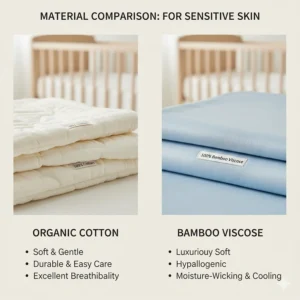 A comparison chart or image showing the breathable, organic cotton or bamboo material used for a 4-month-old's sensitive skin.