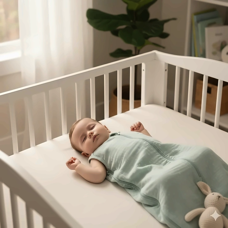A baby sleeping peacefully in a lightweight, breathable cotton summer sleep sack during a nap.