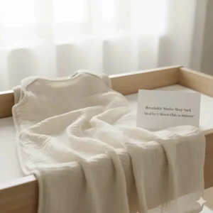 A lightweight, breathable muslin sleep sack, perfect for a 5-month-old in warmer weather to prevent overheating.