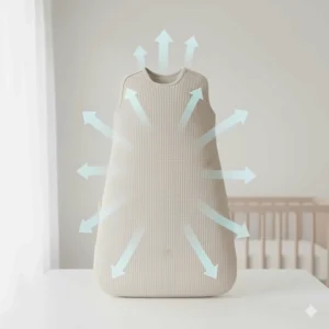 Diagram showing how a breathable organic sleep sack regulates a baby's body temperature during sleep.