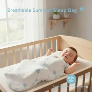 Lightweight muslin sleep bag for baby illustrating high breathability for summer months.
