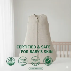 Illustration showcasing safety certifications and non-toxic dyes used in organic sleep sack manufacturing.