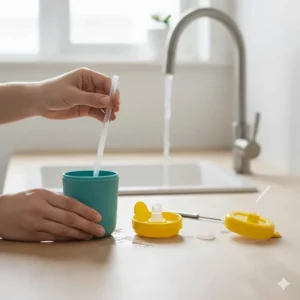A view of the sippy cup with straw disassembled into its parts, showing how easy it is to clean for parents.