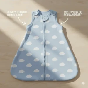 Comparison table or infographic showing the difference between a swaddle and a safe sleep sack recommended for babies who roll.