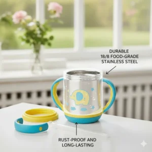 A depiction of the food-grade 18/8 stainless steel material used in the construction of a reusable, durable sippy cup for active toddlers.